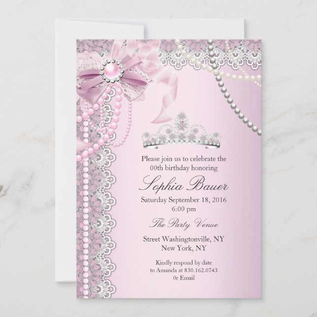Princess Pink Pearl Bow Lace Birthday Party Invitation (Front)