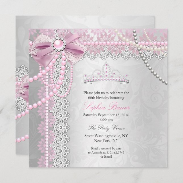 Princess Pink Pearl Bow Lace Silver Birthday Party Invitation (Front/Back)