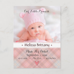 Princess Pink Plaid Baby Girl Birth Announcement Postcard
