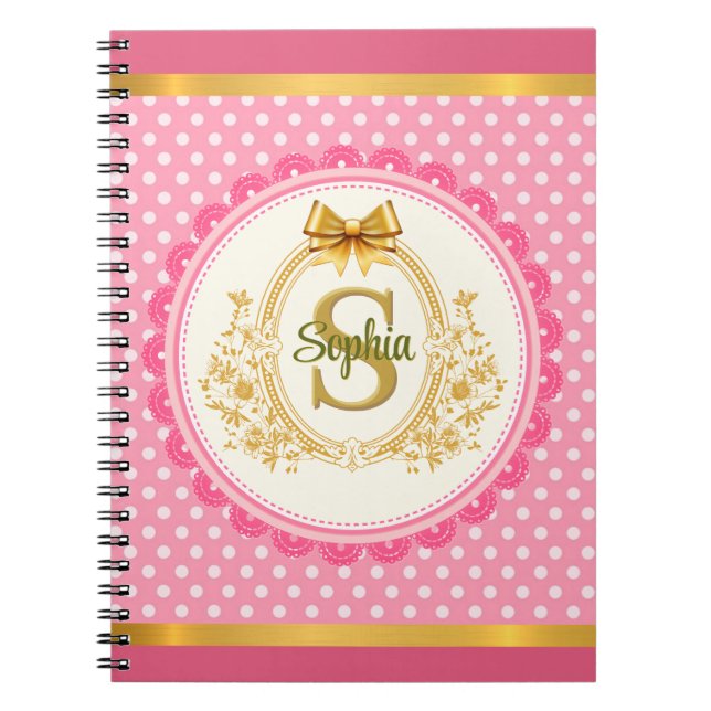 Princess Pink Polka Dot Royal Gold Monogram Notebook (Front)