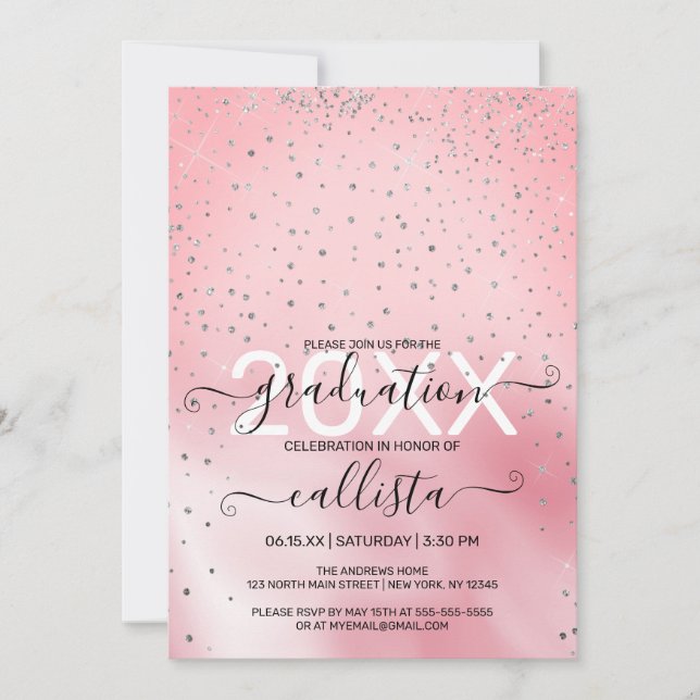 Princess Pink Silver Glitter Confetti Graduation Invitation (Front)