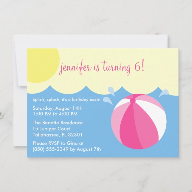 Princess Pink Splish Splash Birthday Pool Party Invitation (Front)