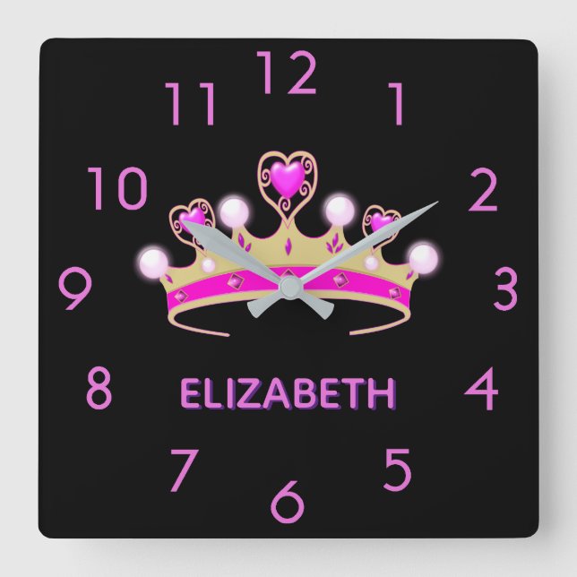 Princess pink tiara crown black name square wall clock (Front)