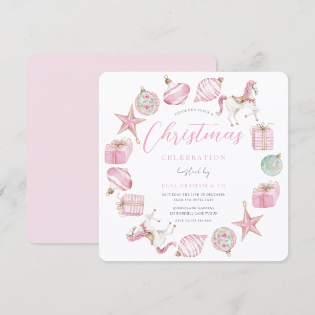 Princess Pink Wreath Christmas Party  Invitation (Front/Back)
