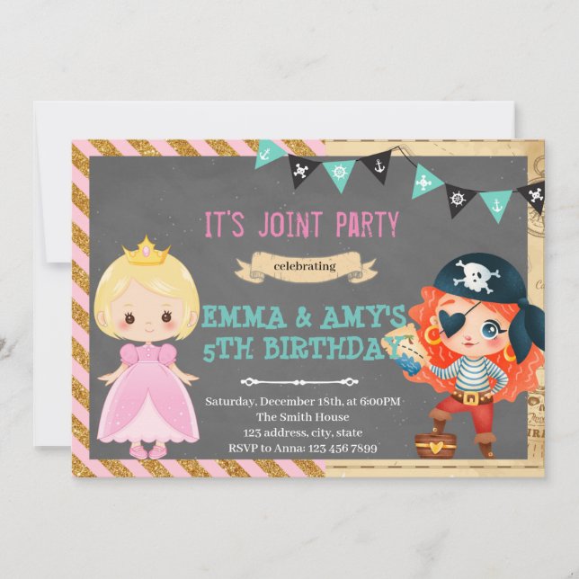 Princess pirate girls joint party invitation (Front)