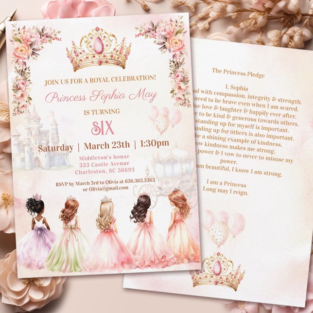 Princess Pledge Crown Pink Floral Girl Birthday Invitation (Princess Pledge Crown Pink Floral Girl Birthday Invitation)