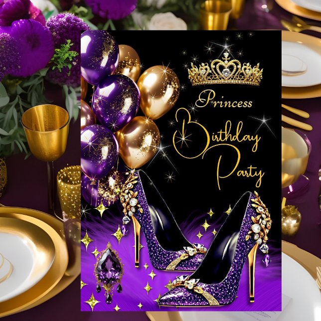 Princess Purple Glitter High Heels Tiara Birthday Invitation (Creator Uploaded)