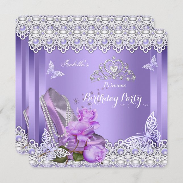 Princess Purple Pearls Rose High Heel Birthday Invitation (Front/Back)