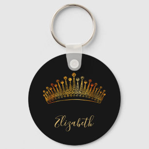 Princess queen gold tiara crown black name key ring