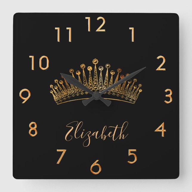 Princess queen gold tiara crown black name square wall clock (Front)