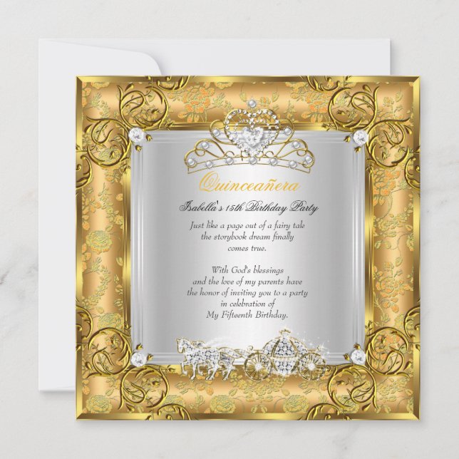 Princess Quinceanera 15th Birthday Gold Damask 2 Invitation (Front)