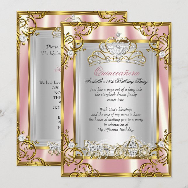 Princess Quinceanera 15th Birthday Pink Peach 2 Invitation (Front/Back)