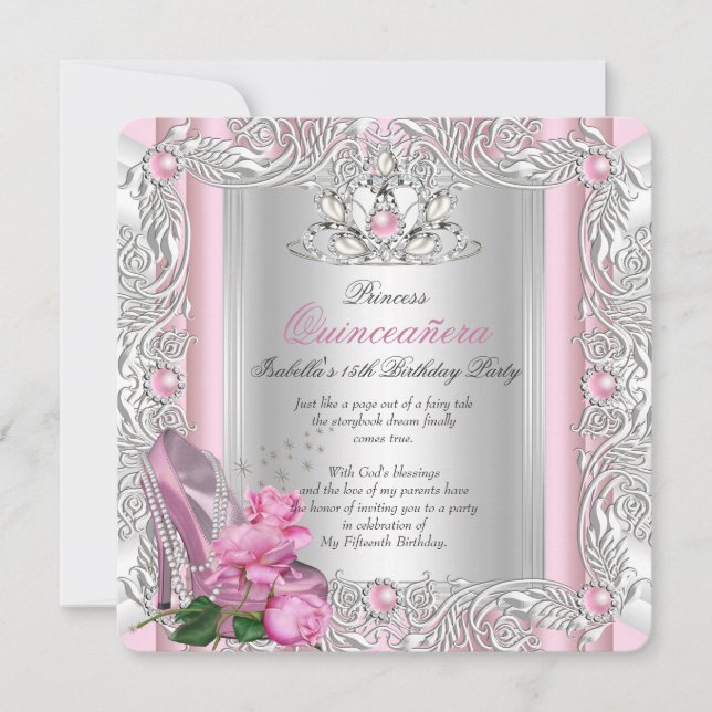 Princess Quinceanera 15th Birthday Pink Rose Invitation (Front)