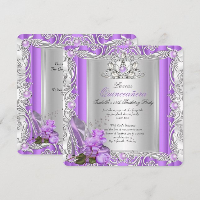 Princess Quinceanera 15th Birthday Purple Rose Invitation (Front/Back)