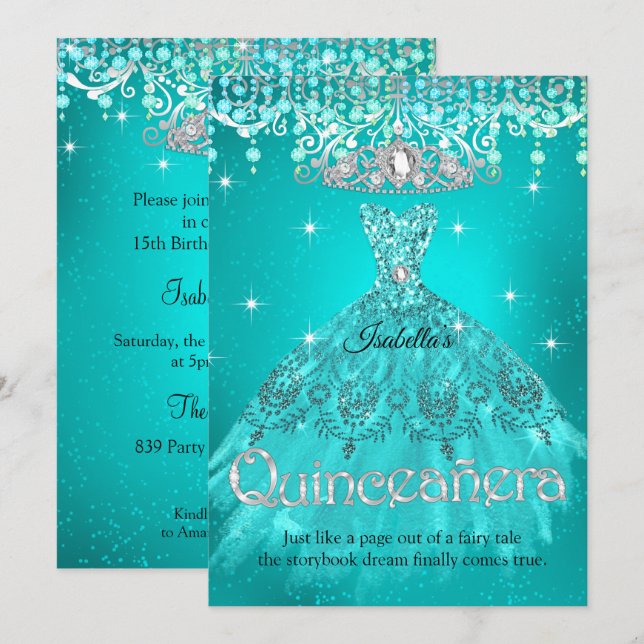 Princess Quinceanera 15th Birthday Teal Aqua Tiara Invitation (Front/Back)