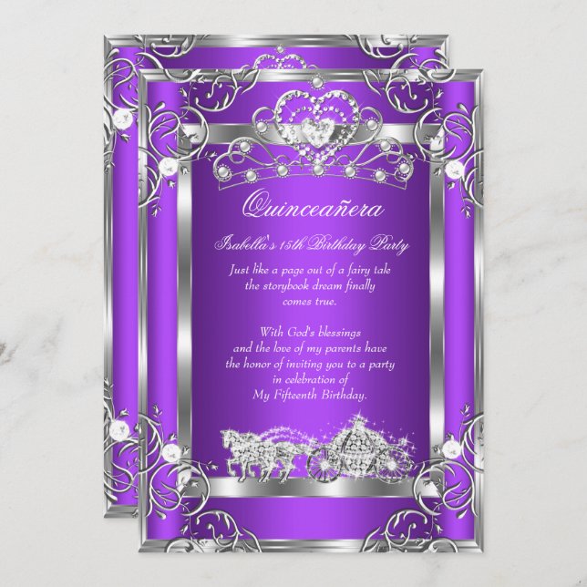 Princess Quinceanera 15th Party Purple Silver Invitation (Front/Back)