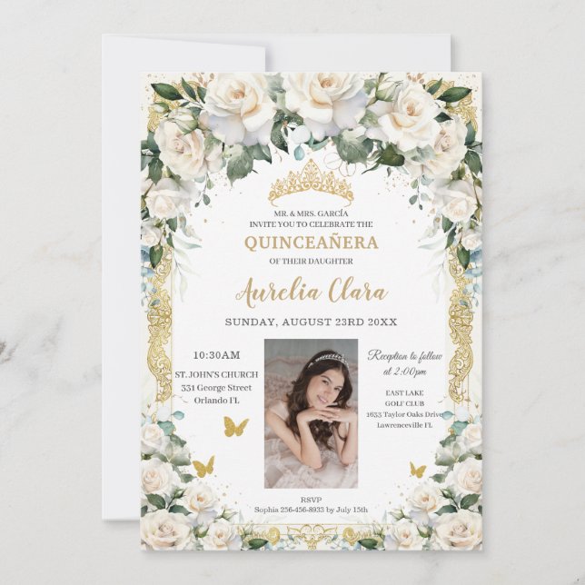 Princess Quinceañera Champagne Ivory Roses Photo Invitation (Front)