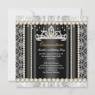 Princess Quinceanera Diamond Lace Black White Invitation