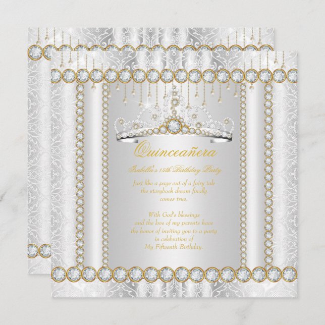 Princess Quinceanera Diamond Lace Gold White Invitation (Front/Back)