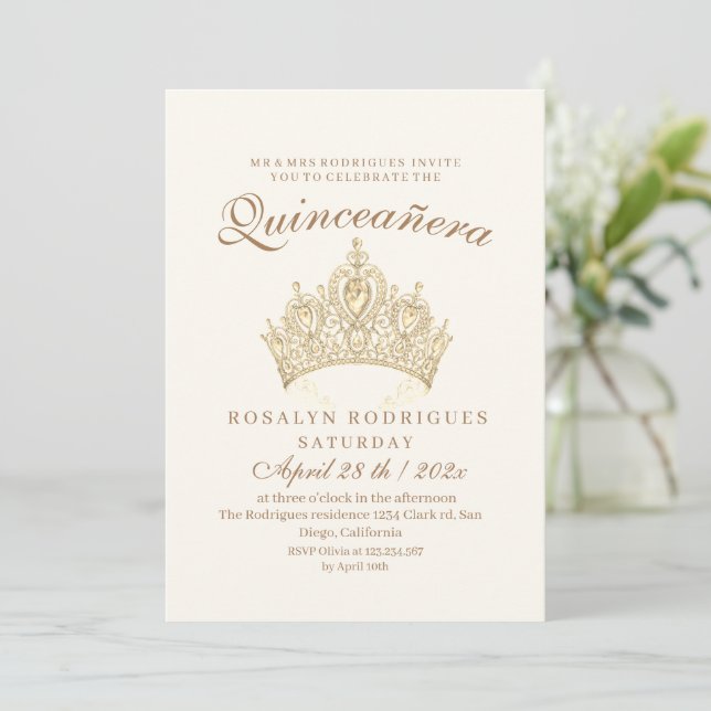 Princess Quinceañera Elegant Gold Crown Beige Invitation (Standing Front)