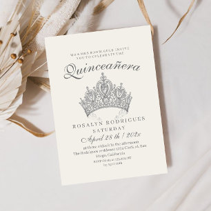 Princess Quinceañera Elegant Silver Crown Beige Invitation