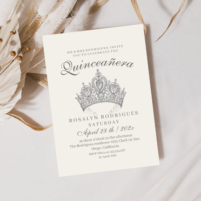 Princess Quinceañera Elegant Silver Crown Beige Invitation (Creator Uploaded)