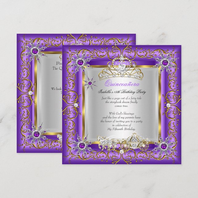 Princess Quinceanera Elite Birthday Gold Purple Invitation (Front/Back)