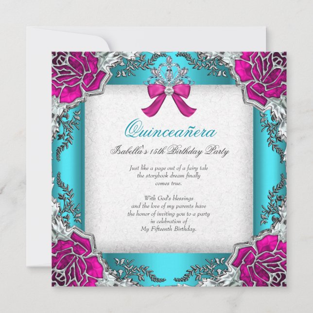 Princess Quinceanera Pink Aqua Teal 15th Birthday Invitation (Front)