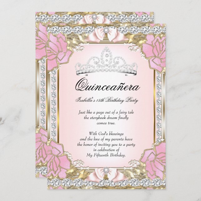 Princess Quinceanera Pink Gold 15th Birthday Invitation (Front/Back)