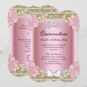 Princess Quinceanera Pink Gold 15th Birthday Tiara Invitation