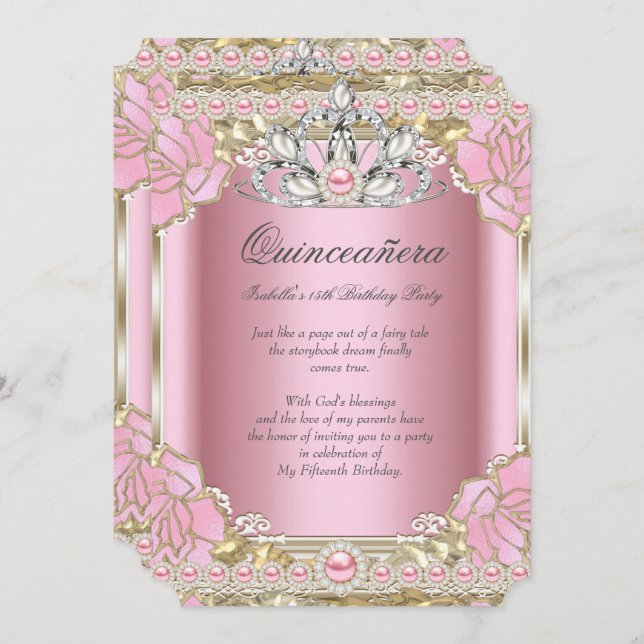 Princess Quinceanera Pink Pearl Birthday Party Invitation (Front/Back)