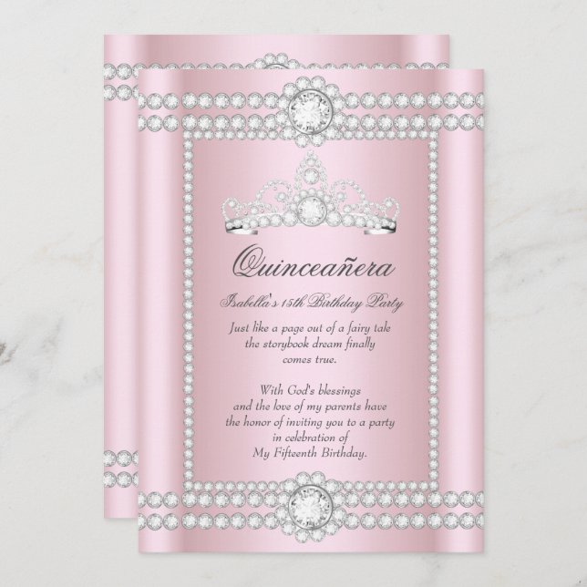 Princess Quinceanera Pink Silver Diamond Tiara Invitation (Front/Back)