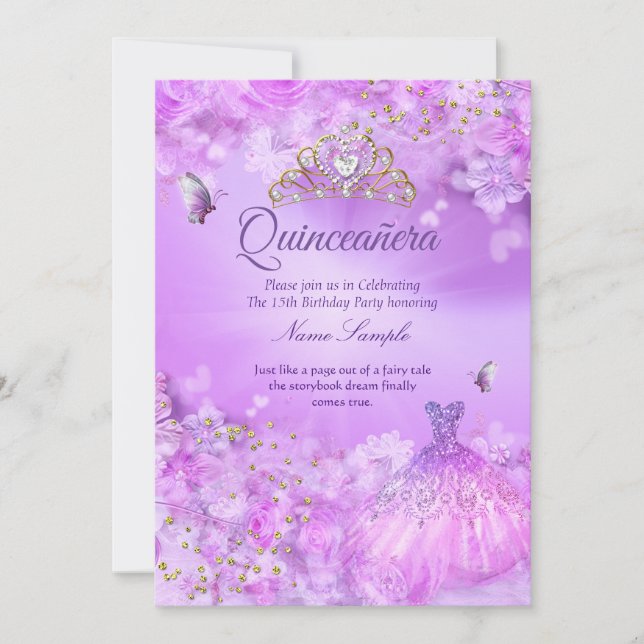Princess Quinceanera purple pink floral dress Invitation (Front)