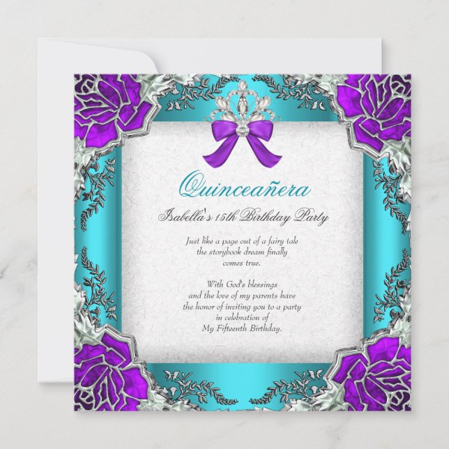 Princess Quinceanera Purple Teal 15th Birthday Invitation (Front)