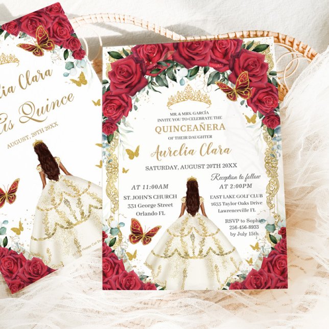 Princess Quinceañera Red Roses Floral White Dress Invitation (Creator Uploaded)