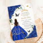 Princess Quinceañera Royal Blue Roses Dress Gold Invitation<br><div class="desc">Personalise this lovely quinceañera invitation with own wording easily and quickly,  simply press the customise it button to further re-arrange and format the style and placement of the text.  Matching items available in store!  (c) The Happy Cat Studio</div>