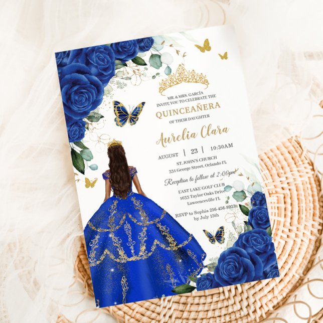 Princess Quinceañera Royal Blue Roses Dress Gold Invitation (Creator Uploaded)