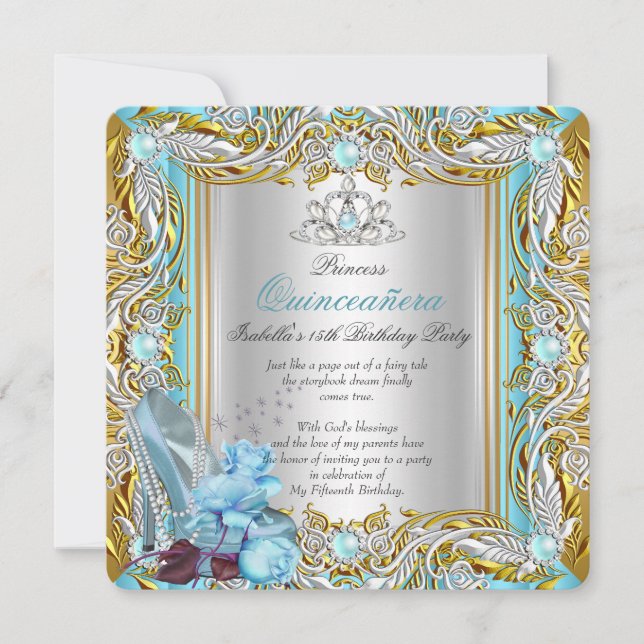 Princess Quinceanera Silver Blue Teal Rose Gold Invitation (Front)