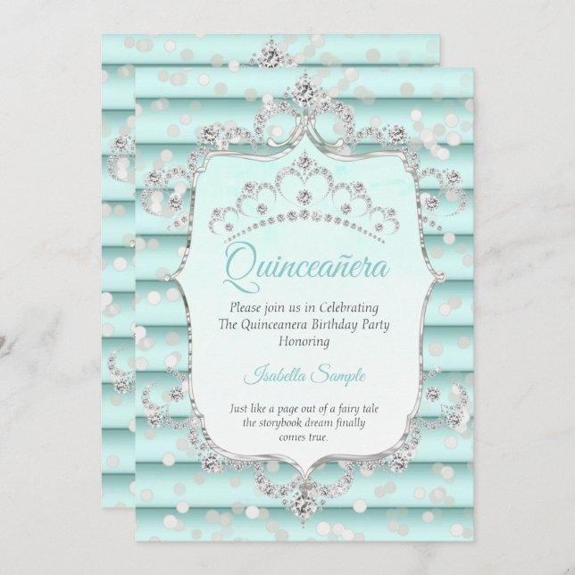Princess Quinceanera soft teal blue diamond Invitation (Front/Back)