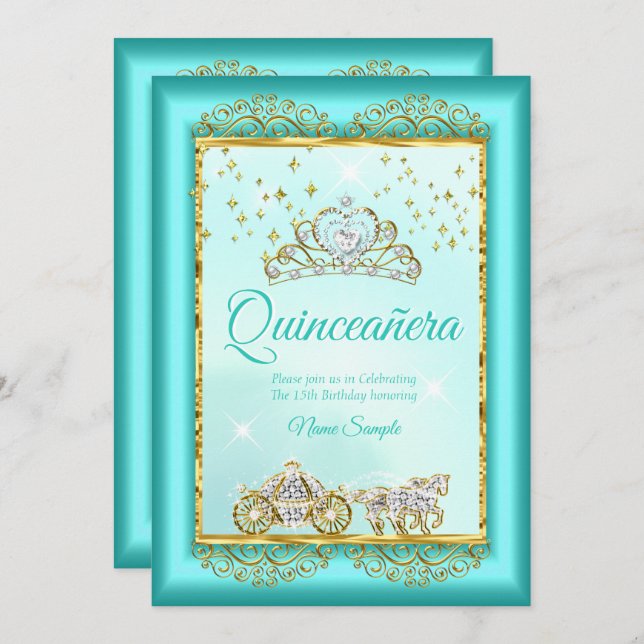 Princess Quinceañera Teal Blue Gold fairytale Invitation (Front/Back)