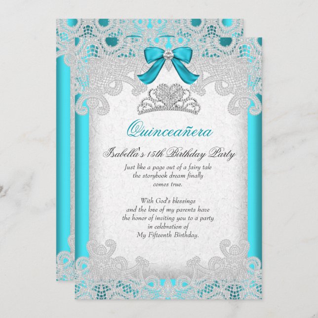 Princess Quinceanera Teal Blue Lace Invitation (Front/Back)