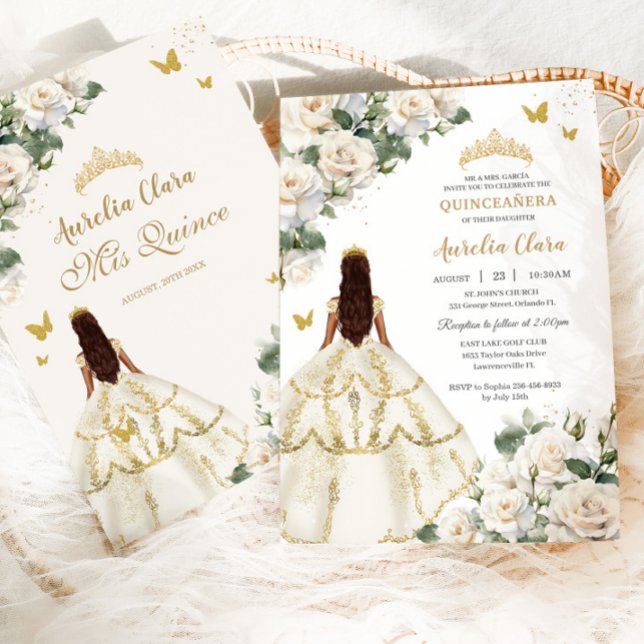 Princess Quinceañera White Ivory Roses Gold Dress  Invitation (Creator Uploaded)