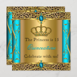 Princess Regal Teal Leopard Quinceañera Party Invitation