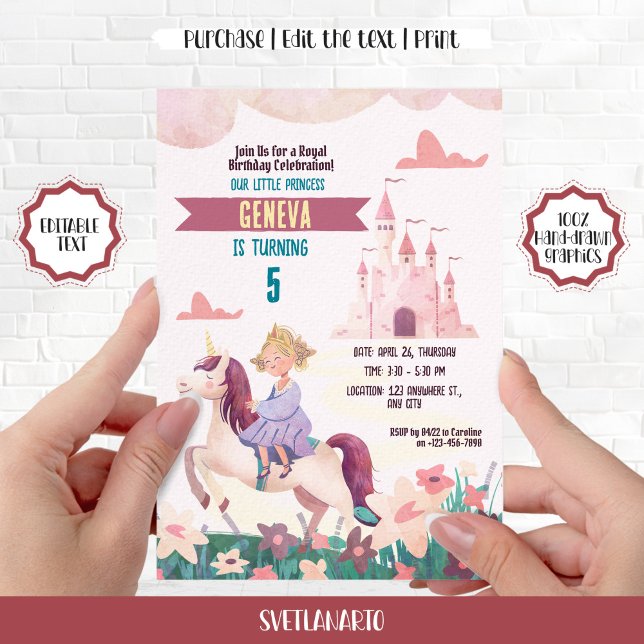Princess Riding Unicorn Birthday Party Invitation (Creator Uploaded)