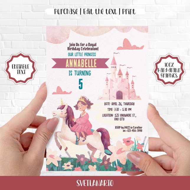 Princess Riding Unicorn Birthday Party Invitation (Creator Uploaded)
