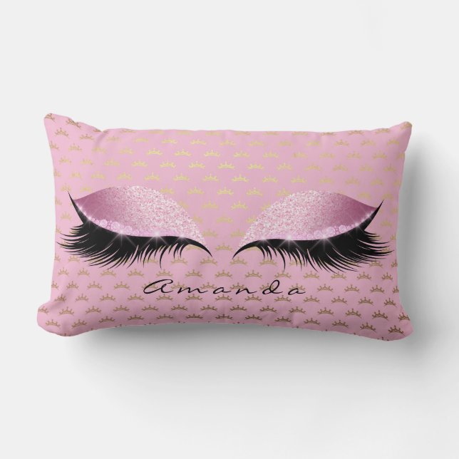 Princess Rose Gold Glitter Lashes Name Crown Lumbar Cushion (Front)