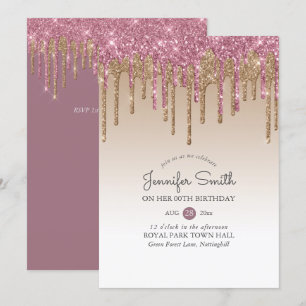 Princess ROSE PINK GOLD Drip Glitter ANY BIRTHDAY Invitation