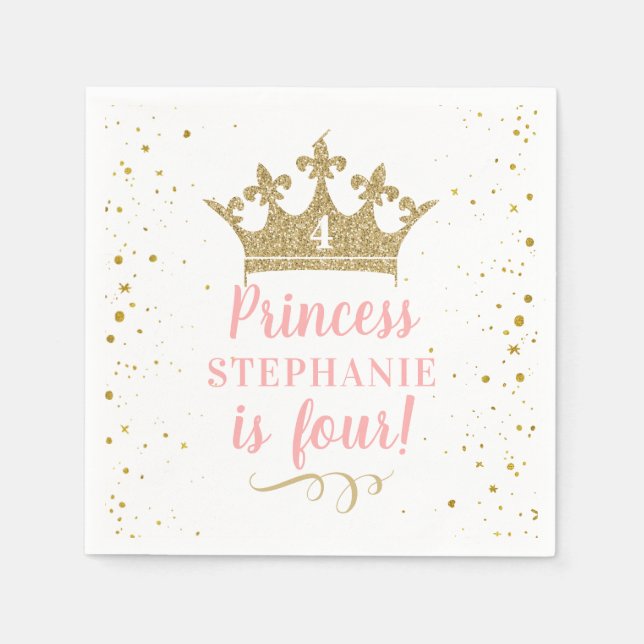 Princess Royal Crown Pink Gold Glitter Birthday Napkin (Front)