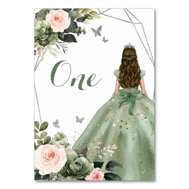 Princess Sage Green Floral Blush Pink 15 Años Table Number (Front)