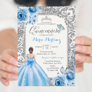 Princess Silver and Blue Roses Mis Quince Invitation